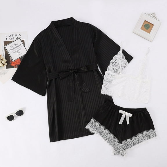 uublik Womens Robes Pjs Sets 3Pcs Cami Shorts Sleepwear Summer Cute Loungewear Black