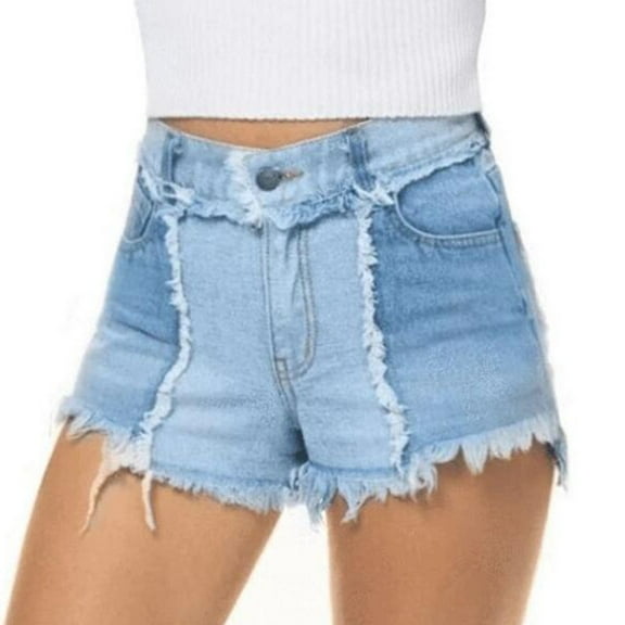 uublik Womens Shorts Patchwork Super Soft Fringe with Pockets Long Jean Shorts Light blue