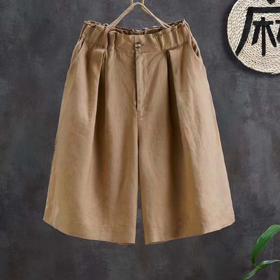 uublik Womens Shorts with Pockets Super Soft Summer Linen Shorts Casual Summer Khaki