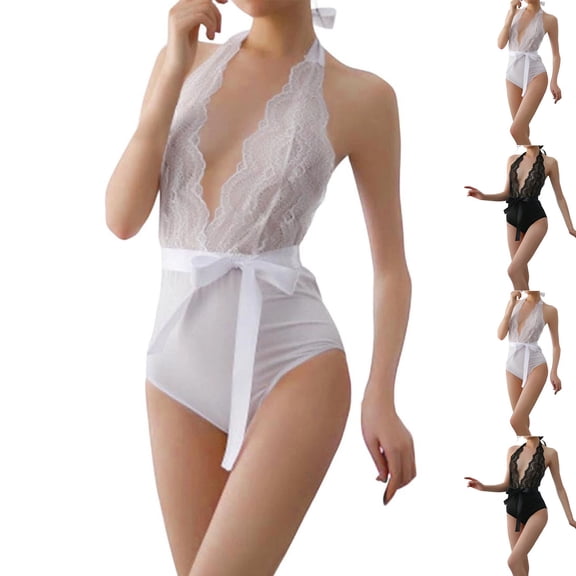 uublik Womens Sleep Jumpsuit Valentine's Day Bodysuit V Neck Sleepwear Lounge Nightgown White
