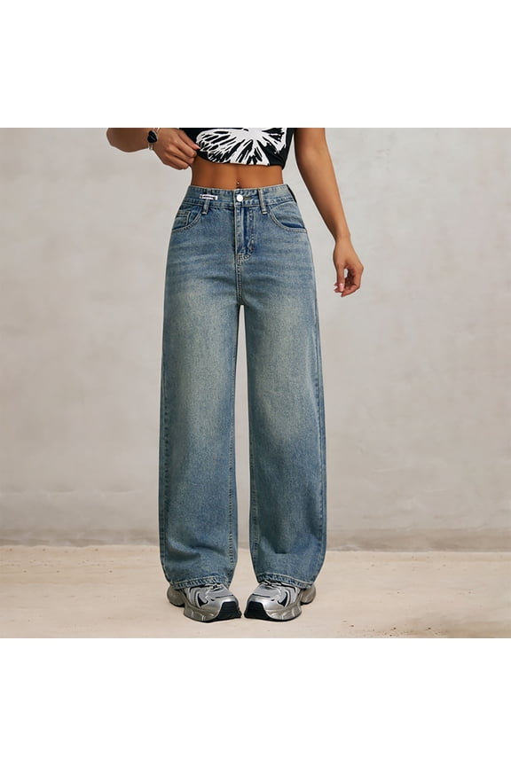 Womens Straight Leg Jeans Blue High Waisted Stretchy Denim Pants Elastic Waist Pull On Sweatpant Jeans