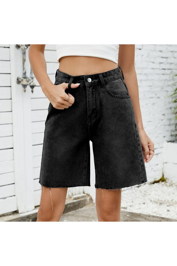 Womens Stretch Jean Shorts Summer Casual Jeans Shorts Loose Jorts Knee Length Denim Black, S-2XL