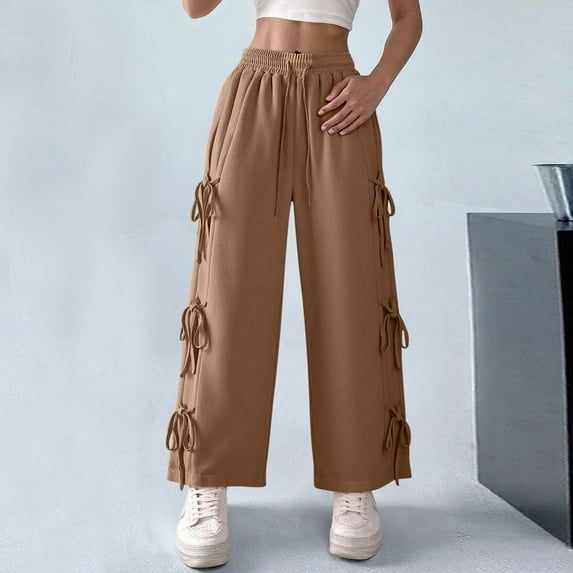 uublik Womens Stretch Pants Coffee Wide Leg Sweatpants High Waisted Baggy Lounge Pants Athletic Joggers with Pockets
