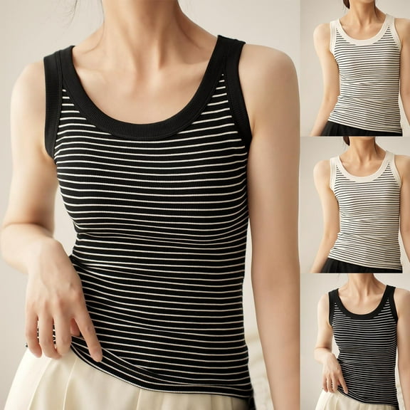 uublik Womens Tank Top Black Crewneck Striped Casual Summer Tops Basic Sleeveless Shirts