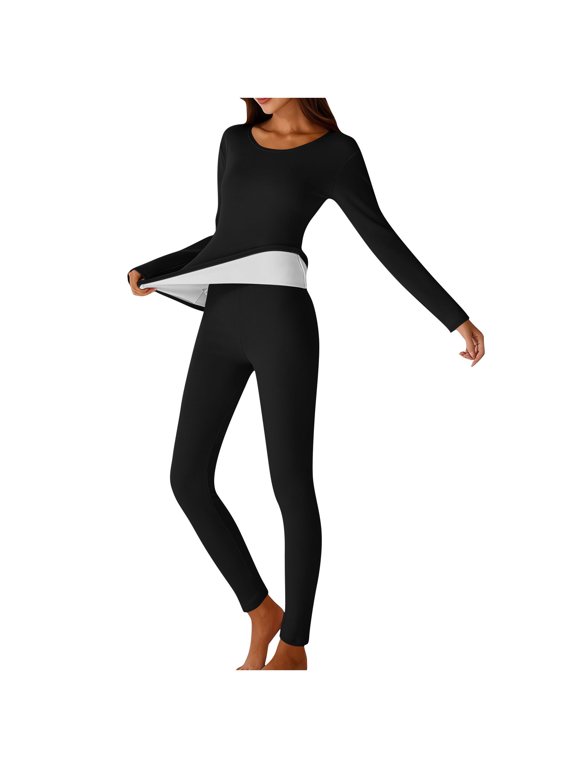 Womens Thermal Underwear Set Fleece Lined Long Johns Base Layer Top Bottom Cold Weather Gear for Hunting Running Skiing, Black