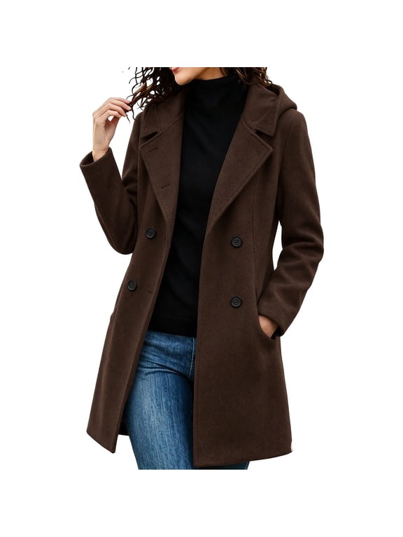 Womens Trench Coat Brown Casual Hooded Long Sleeved Button Down Pea Coat with Pockets