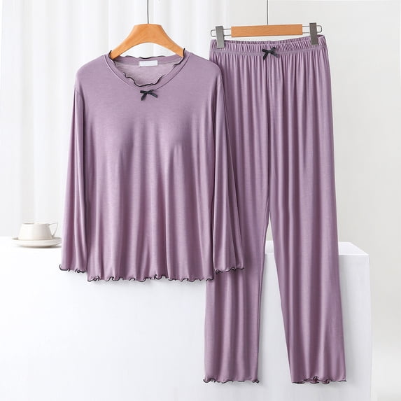 uublik Womens Two Piece Lounge Set Long Sleeve Sleepwear Tops Loose Wide Leg Pant Sets Purple, XXL Reduced Price