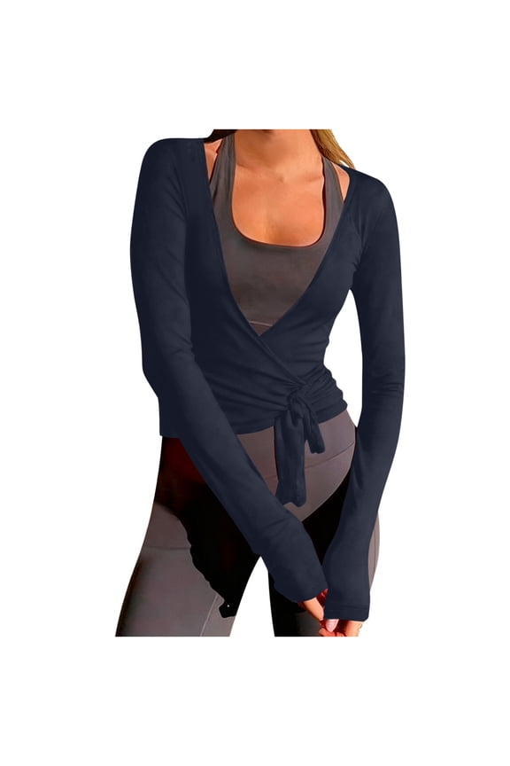 Workout Cardigan for Women Front Wrap Tops Long Sleeve Cardigan Yoga Cover Up, Navy