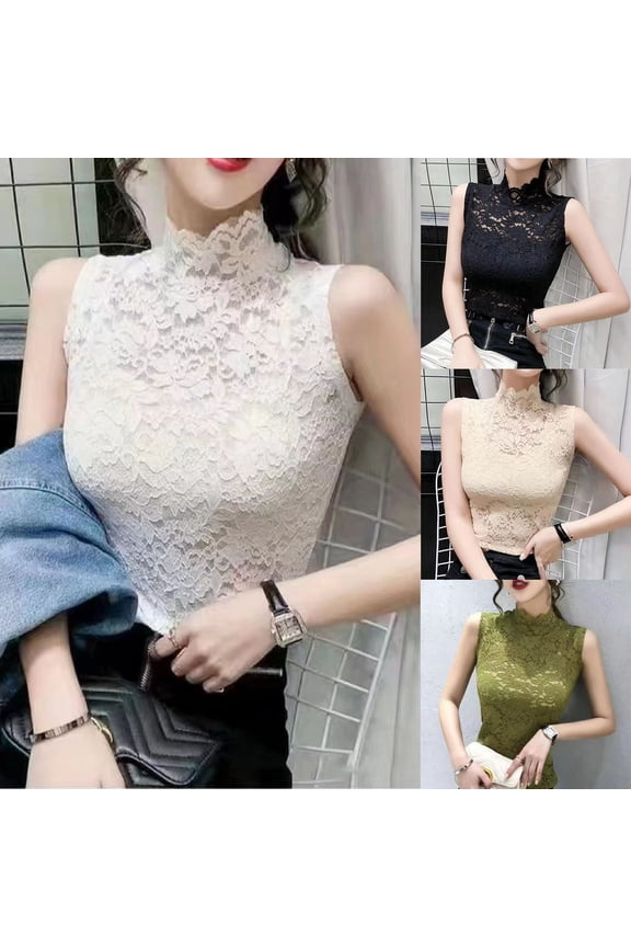 Yoga Tank Tops for Women Black Mock High Neck Tank Tops 2025 Lace Undershirt Basic Layer Tee