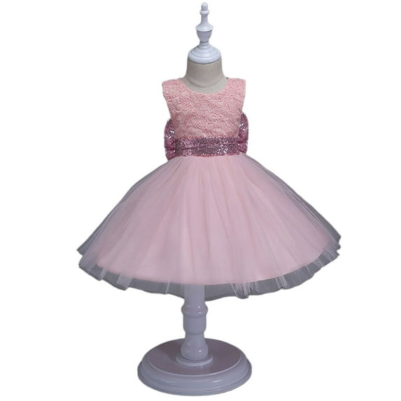 uukiA 12-24 Months And 2-5 Years Child Girl Sleeveless Elegant Lace Sequins Bowknot Party Dress
