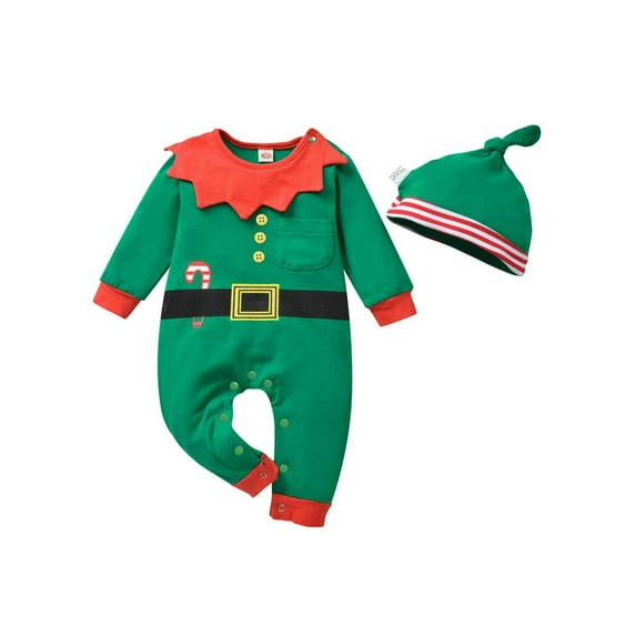 uukiA Infant 0-18 Months Baby Boy Christmas Cute Green One-piece Romper And Hat 2PCs Outfit Suit