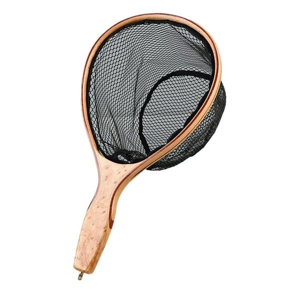 uvwlwu 14.4" Wood Landing Net Rubber Coated Fly Fishing Net For Trout/Stream Collapsible Micro Mesh With Copper Fittings (150g)(Brown,36.5x19.5x3cm)