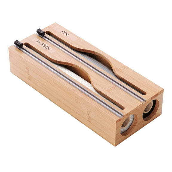 uvwlwu Bamboo Kitchen Wrap Cutter and Storage Organizer with Built-in Dispenser for Reusable Cling Film and Food Wrap(Khaki)