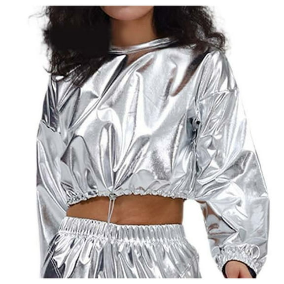 uvwlwu Sweatshirts Women's Carnival Outfits Long Sleeve Shiny Metallic Tops Sweatshirts Club Wear Party Outfits Winter Clothes(Size:S)
