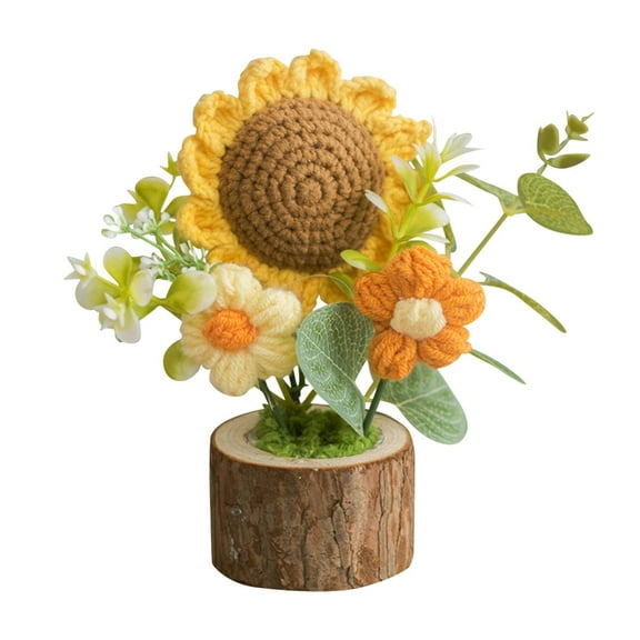 uvwlwu Handmade Crochet Flower Bouquet Desktop Ornament Knitted And Wood Decorative For Home Desk(Yellow,14cm)