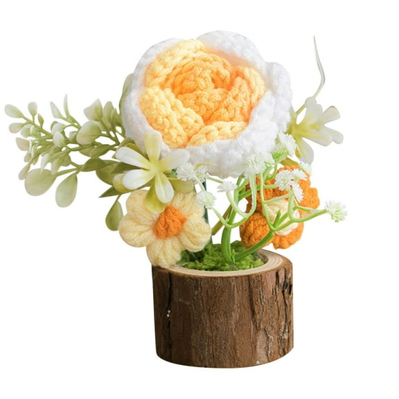 uvwlwu Handmade Crochet Flower Bouquet in Wooden Pot Knitted Desktop Ornament for Home Desk Decoration and Giving(Yellow)