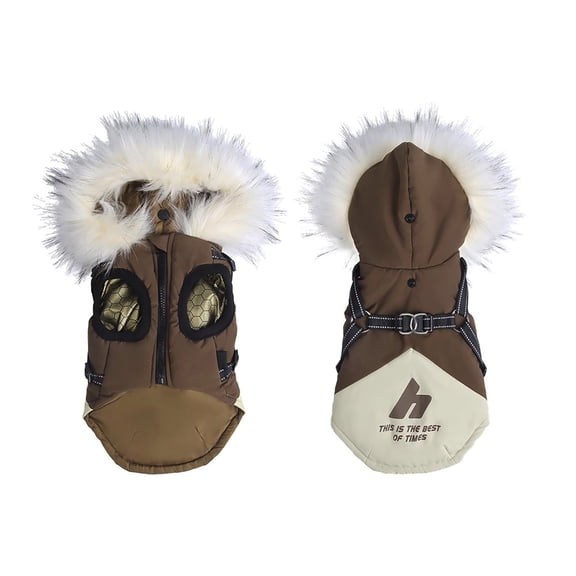 uvwlwu Insulated Winter Dog Coat with Integrated Harness Hooded and Reflective Features for Outdoor Adventures(Coffee)