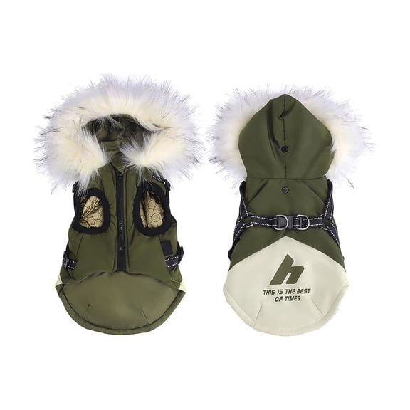 uvwlwu Insulated Winter Dog Coat with Integrated Harness and Adjustable Hood for Outdoor(Army Green)