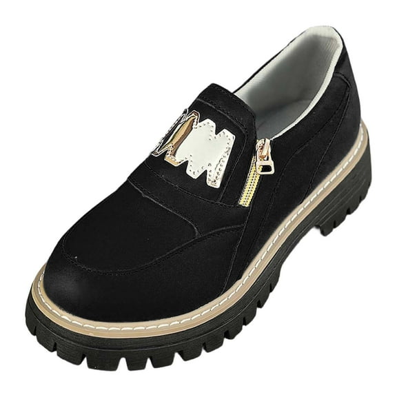 uvwlwu Leather On Walking Shoes Soft Sole Comfortable Platform Heel Casual Loafers(Black,6)