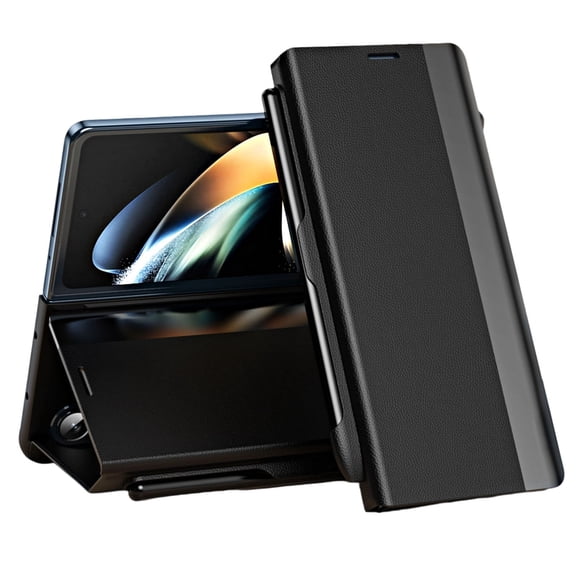 uvwlwu Lu Xury Electroplated Leather with Stand and S Pen Holder for Galaxy Z Fold Series Smartphones(Black)