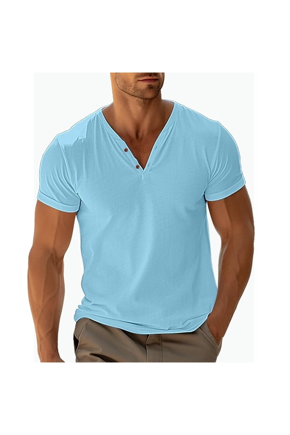 uvwlwu Men's Retro Henley T-Shirt Solid V-Neck Short Sleeve Casual Spring Tee,S