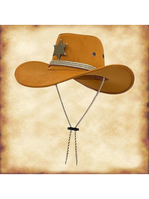 uvwlwu Retro Western Cowboy Hat Wide Brim Star Badge Braided Band Drawstring Chin Cord for Men Women Outdoor Party Riding
