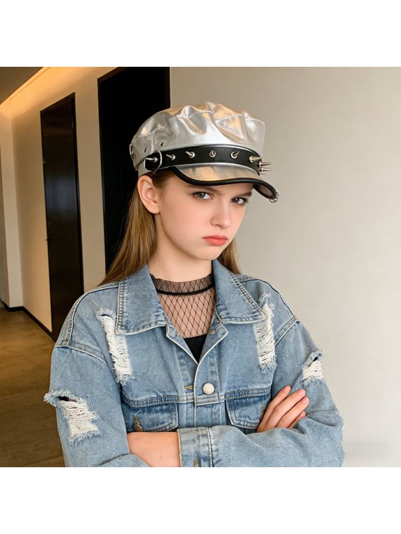 uvwlwu Studded Spiked Newsboy Cap with Buckle Band Visored Fashion Painter Hat for Women Girls Street Style Daily Wear