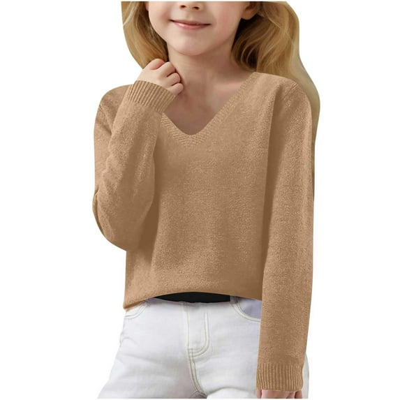 uvwlwu Sweaters for Girls For Autumn And Winter Long Sleeve V Neck Knit Pullover Sweaters For Children Kids Girls(Size:12-13 Years)