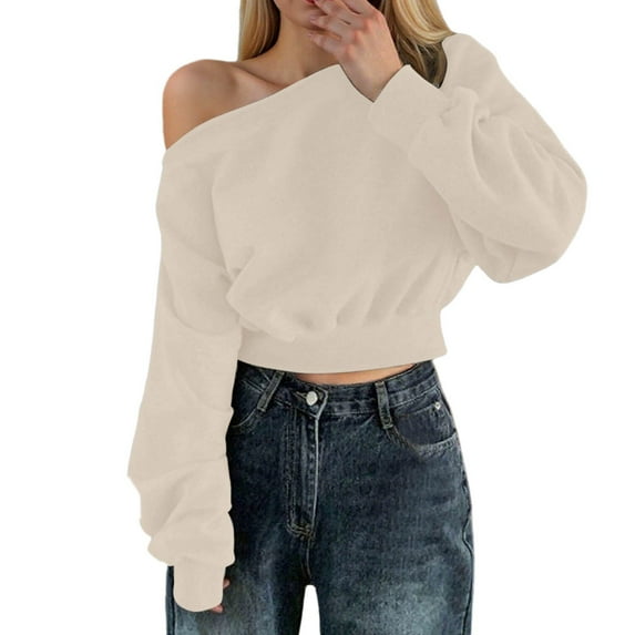 uvwlwu Sweatshirt for Women Solid Color Off Shoulder Sweatshirt Casual Short Crop Top Long Sleeve Pullover For Fashion Comfort(Size:One Size)