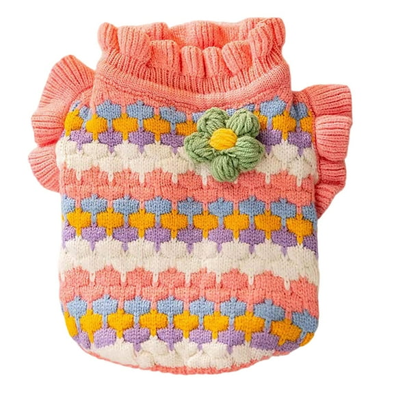 uvwlwu Winter Cozy Knitted Cat Sweater With 3D Floral Stripes Design For Indoor Feline Comfort And Warmth(Pink)
