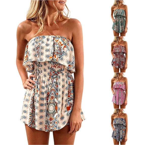 uvwlwu Women Bohemian Print Strapless Romper Ruffle Bandeau Tube Top Smocked Elastic Waist Short Jumpsuit Summer Casual Beach Vacation Fashion Outfit,M