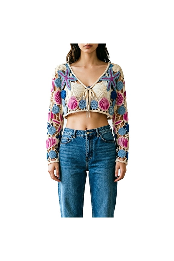 uvwlwu Women Crochet Starfish Shell Applique Long Sleeve Tie Front Open Knit Crop Top Beach Cover Up,One Size