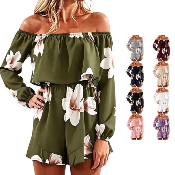 uvwlwu Women Floral Print Off Shoulder Romper Ruffle Layer Long Sleeve Elastic High Waist Short Jumpsuit Stylish Casual Everyday Summer Vacation Outfit,5XL