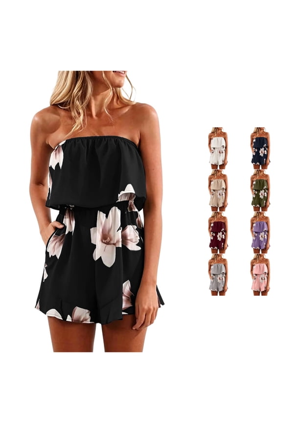 uvwlwu Women Floral Print Strapless Romper Bandeau Ruffle Tube Top Elastic High Waist Side Pocket Short Jumpsuit Elegant Summer Vacation Casual Occasion Outfit,L