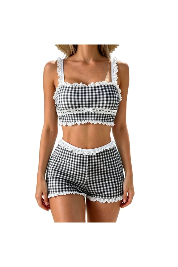 uvwlwu Women Gingham Lace Trim High Waist Boy Shorts Two Piece Swimsuit Cute Bow Bikini Set,S