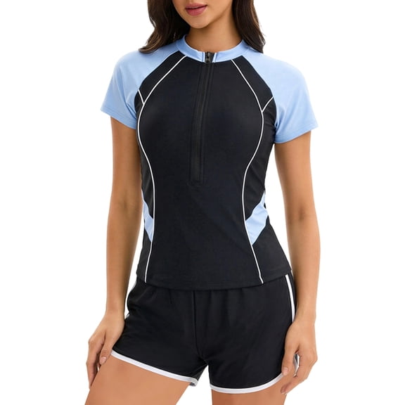 uvwlwu Women Half Zip Color Block Rash Guard Two Piece Swimsuit with Shorts,S