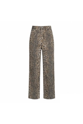 Women Leopard Print Denim Pants High Waist Straight Leg Casual Fashion Trousers with Classic Pockets for Daily Outfits,L