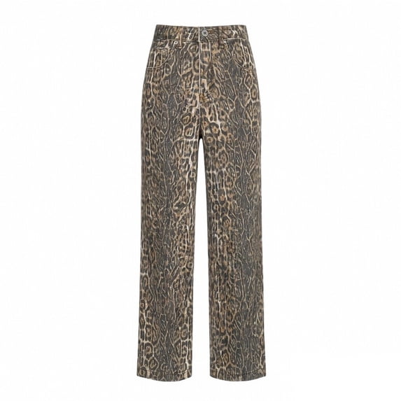 uvwlwu Women Leopard Print Denim Pants High Waist Straight Leg Casual Fashion Trousers with Classic Pockets for Daily Outfits,L