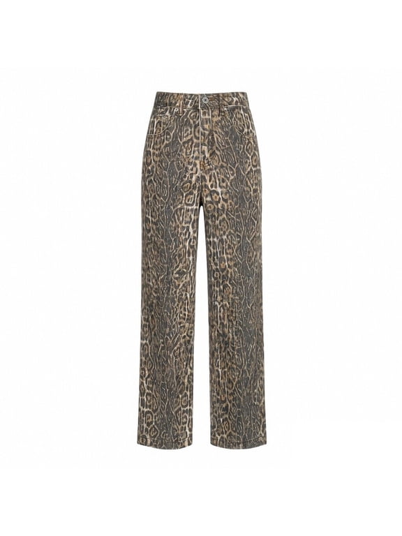 Women Leopard Print Pants High Waist Straight Leg Casual Fashion Trousers with Classic Pockets for Daily Outfits,M