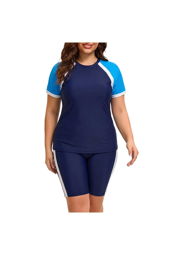 uvwlwu Women Plus Size Color Block Rash Guard Two Piece Swimsuit with Shorts,3XL