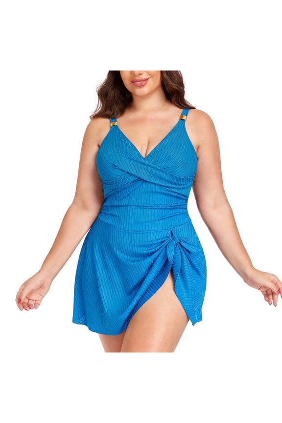 uvwlwu Women Plus Size Ribbed Wrap Front Swim Dress with Side Knot Detail,XXL