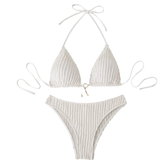 uvwlwu Women Ribbed Triangle Halter Bikini Top with Tassel Charm Two Piece Swimsuit,L