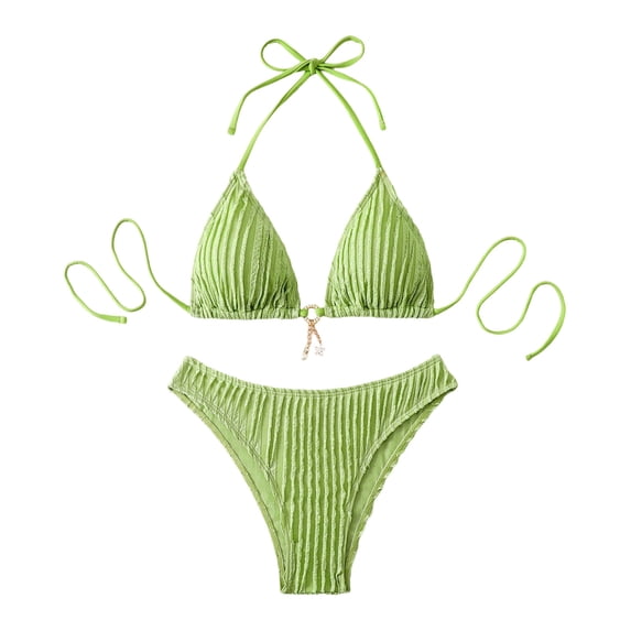 uvwlwu Women Ribbed Triangle Halter Bikini Top with Tassel Charm Two Piece Swimsuit,M
