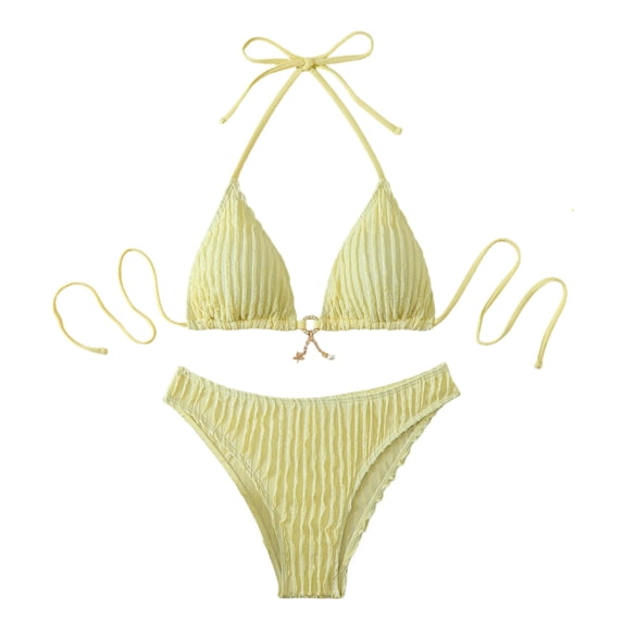 uvwlwu Women Ribbed Triangle Halter Bikini Top with Tassel Charm Two Piece Swimsuit,S