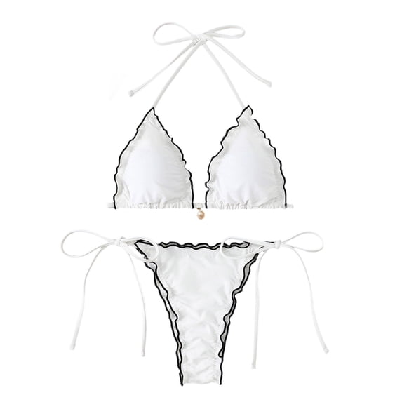 uvwlwu Women Ruffle Triangle Halter Bikini with Tie Side Bottom Two Piece Swimsuit,S