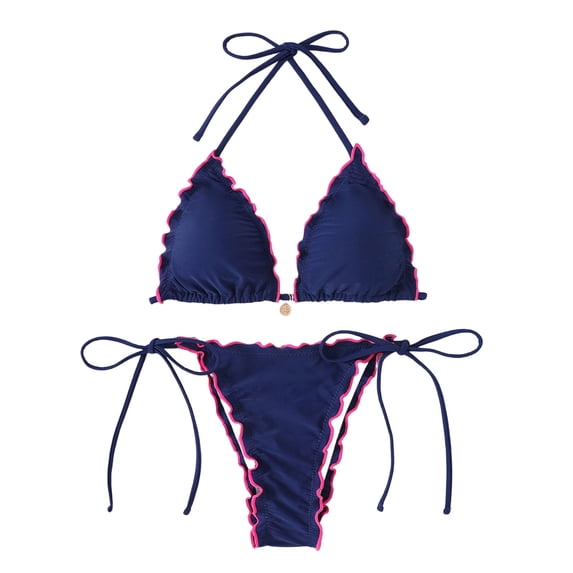 uvwlwu Women Ruffle Triangle Halter Bikini with Tie Side Bottom Two Piece Swimsuit,S