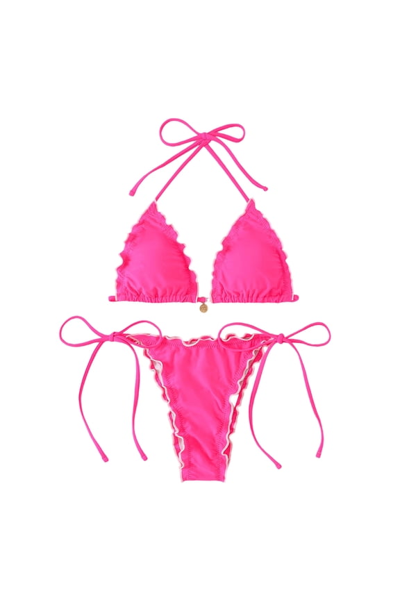 uvwlwu Women Ruffle Triangle Halter Bikini with Tie Side Bottom Two Piece Swimsuit,S