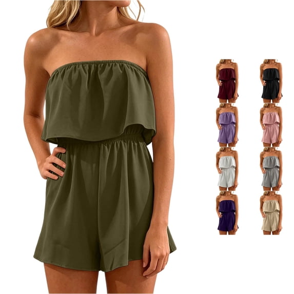 uvwlwu Women Strapless Romper Sleeveless Ruffle Tube Top Elastic High Waist Wide Leg Short Jumpsuit Summer Casual Beach Vacation Day Night Out Outfit,XS