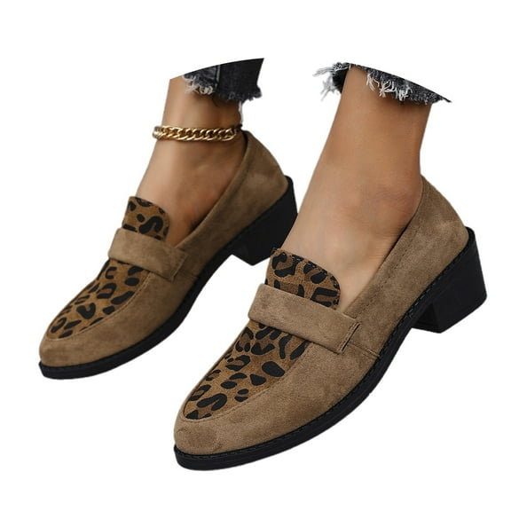 uvwlwu Women's Casual Loafers On Shoes Fashion Leopard Print Suede Heel Comfortable Walking Sneakers For Ladies(Khaki,9.5)