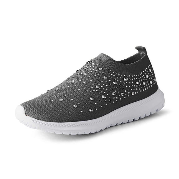 uvwlwu Women's Casual Shoes Breathable Mesh On Flat Comfortable Walking Shoes For Daily Wear With Rhinestone Design(Grey,7.5)
